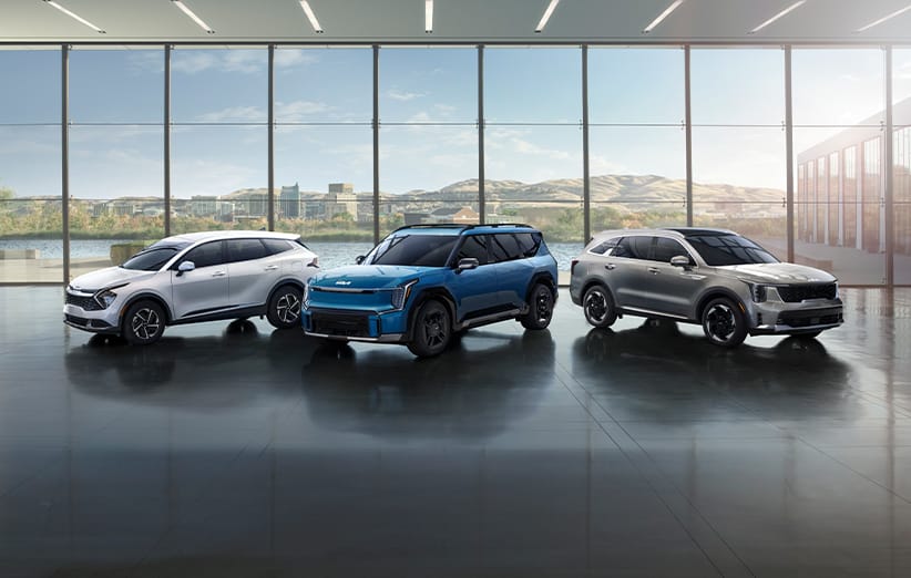 Three modern, impressive Kia vehicles in an impressive showroom, in white, blue, and silver-grey, reflective of Kia's hybrid, plug-in hybrid, and EV lineup. Mountains and a cityscape are visible in the distance through the floor-to-ceiling windows.