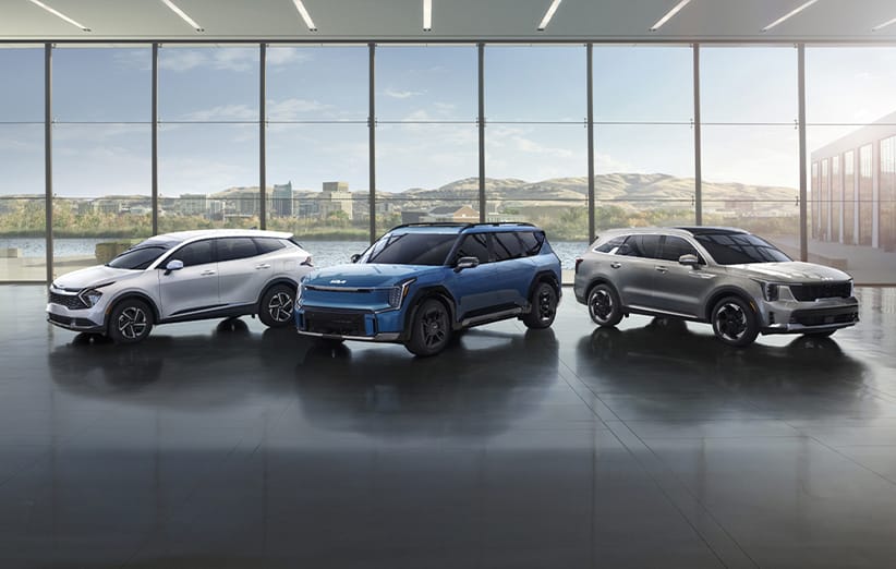 Three modern, impressive Kia vehicles in a showroom, in white, blue, and silver-grey, reflective of Kia's hybrid, plug-in hybrid, and EV lineup. Mountains and the cityscape are visible in the distance through the floor-to-ceiling windows.